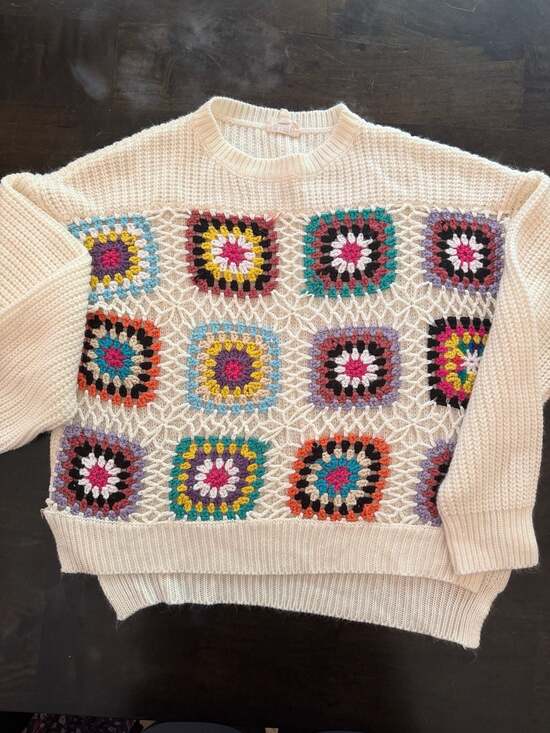 BiBi Sweaters - BiBi Granny Square Crochet Pullover Cream Sweater Size L